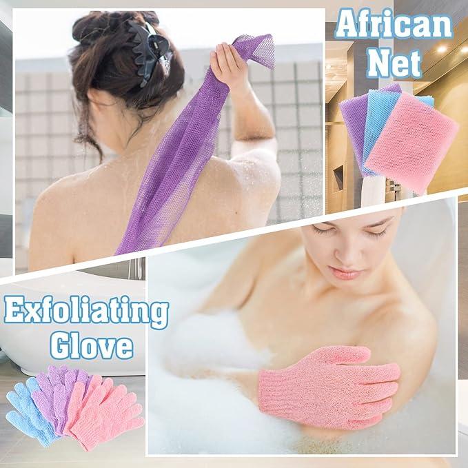 6 Pack African Net Sponge Exfoliating Glove Set, 3 Bath Sponge Body Scrubber Back Scrubber and 3 Pairs Exfoliating Gloves as Stocking Stuffers for Adults