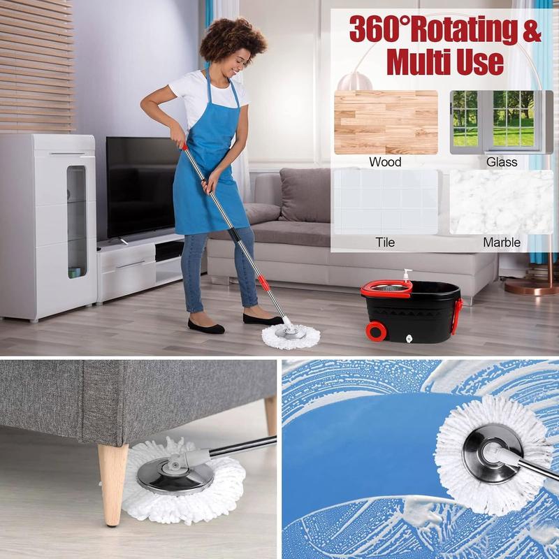 Spin Mop and Bucket with Wringer Set on Wheels, 360 Spinning Mop with Stainless Steel Handle for All Hard Surfaces, Floor Cleaning System with 3 Microfiber Replacement Heads, Black Red