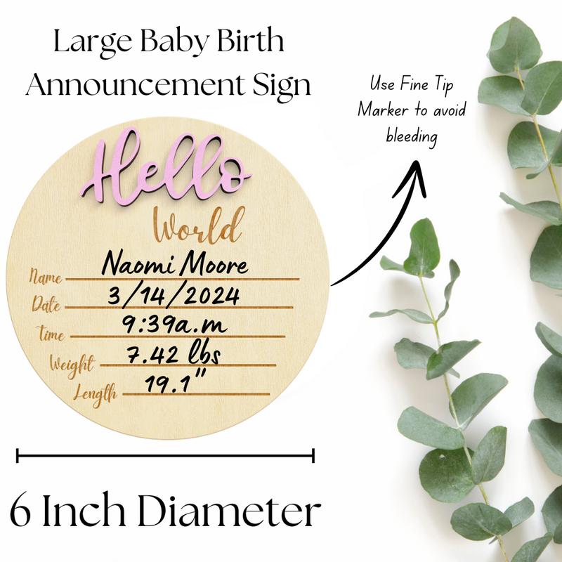 Kemina Blankets Wooden Baby Announcement Sign - Pink, 6-Inch “Hello World” Newborn Name Sign for Hospital Birth Announcements Decor Gift