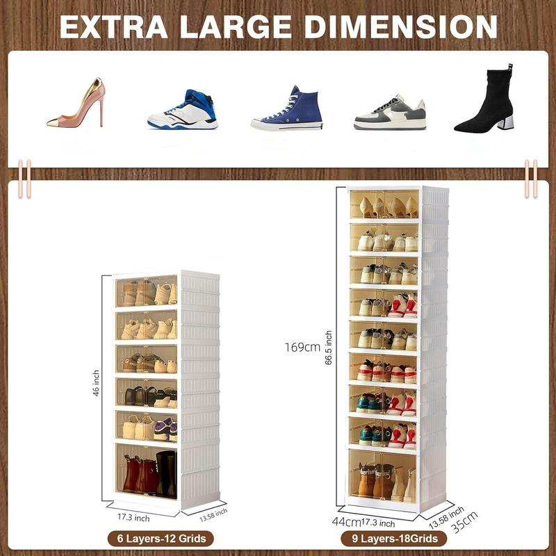 NLDD's 9-Level Clear Shoe Rack Revolution: Collapsible-Expandable Organizer for 18 Pairs, Compact Closet Essential with Transparent Boxes, Wheels