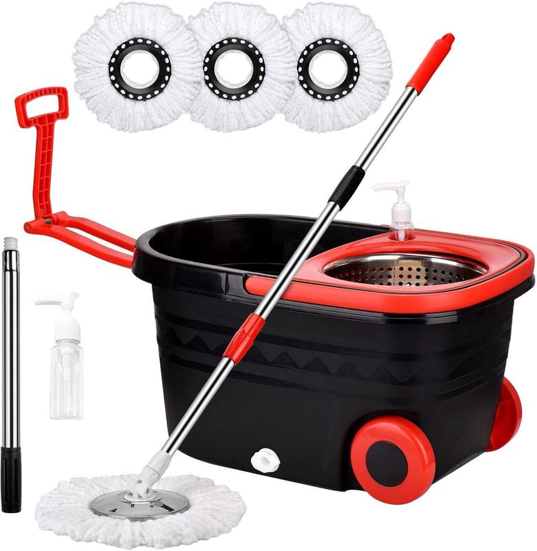 Spin Mop and Bucket with Wringer Set on Wheels, 360 Spinning Mop with Stainless Steel Handle for All Hard Surfaces, Floor Cleaning System with 3 Microfiber Replacement Heads, Black Red