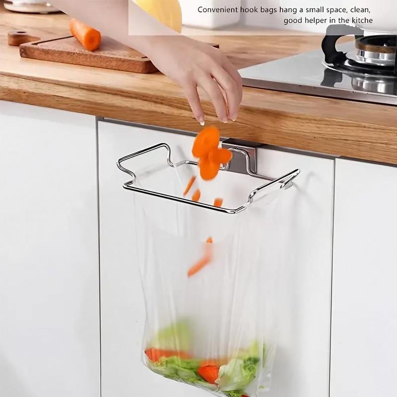 Stainless Steel Garbage Bag Holder, 1 Count Kitchen Cabinet Door Hanging Trash Bag Rack, Home Organizer for Kitchen Bathroom