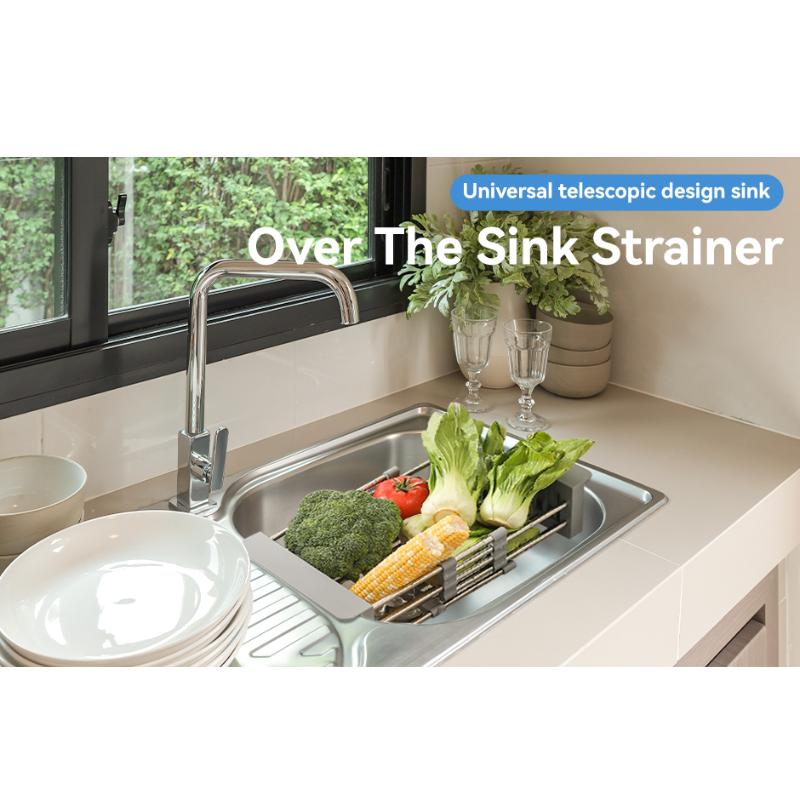 Adjustable Dish Drying Rack with Stainless Steel Drain Basket Over-The-Sink - Portable & Telescopic Space-Saving Solution for fruit vegetable Kitchen Organiser Nature