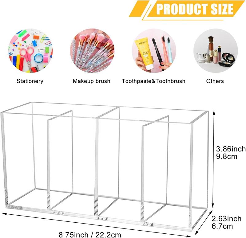 Clear Makeup Brush Organizer,  Brushes Storage Holder with 4 Slots,Pencil Pen Holder for Desk,Desk Organizer and Accessories for Vanity