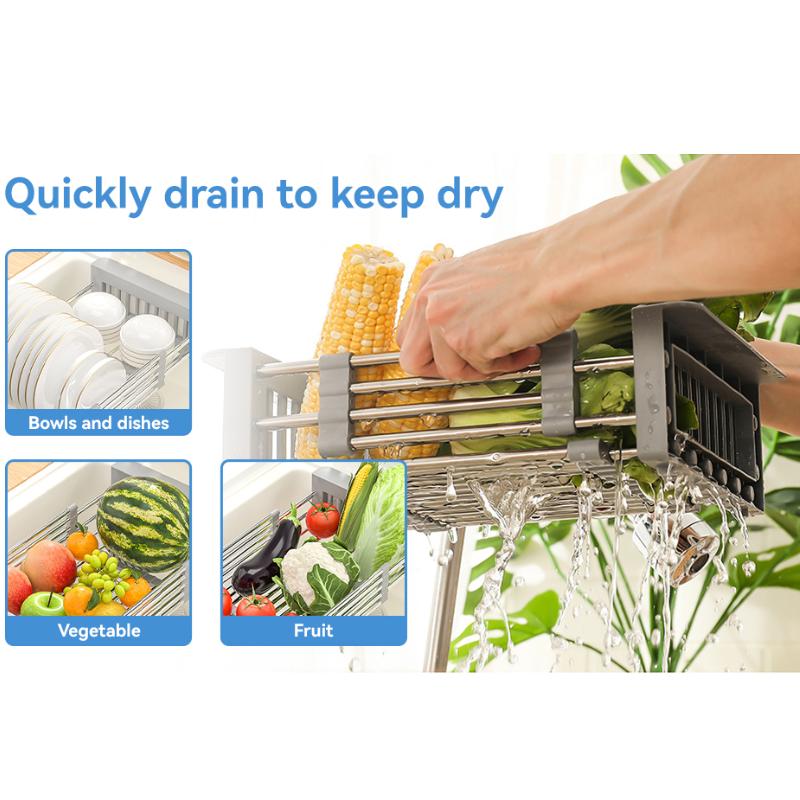 Adjustable Dish Drying Rack with Stainless Steel Drain Basket Over-The-Sink - Portable & Telescopic Space-Saving Solution for fruit vegetable Kitchen Organiser Nature