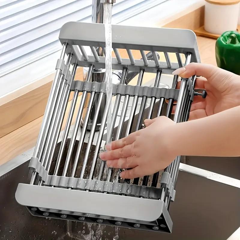 Adjustable Dish Drying Rack with Stainless Steel Drain Basket Over-The-Sink - Portable & Telescopic Space-Saving Solution for fruit vegetable Kitchen Organiser Nature