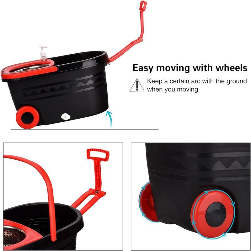 Spin Mop and Bucket with Wringer Set on Wheels, 360 Spinning Mop with Stainless Steel Handle for All Hard Surfaces, Floor Cleaning System with 3 Microfiber Replacement Heads, Black Red