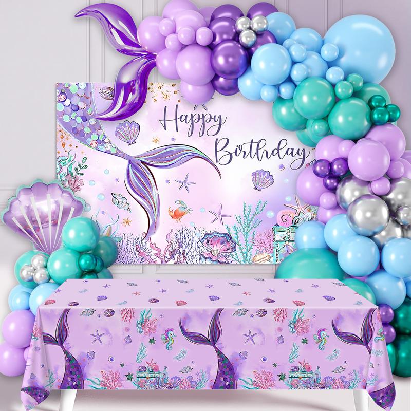 Mermaid Balloon Tablecloth Backdrop Set,109pcs Purple Shell Foil Balloon Mermaid Tail Birthday Decor ,Girls Mermaid Birthday Latex Balloon Decoration