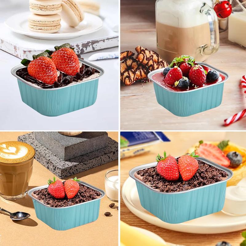 50 count Mini Square Baking Cups with Lids,5oz Aluminum Foil Mini Cake Pans with Lids,Disposable Ramekins Cake Pans,150ml Dessert Cups Cupcake Pans for Wedding Birthday Party,Blue