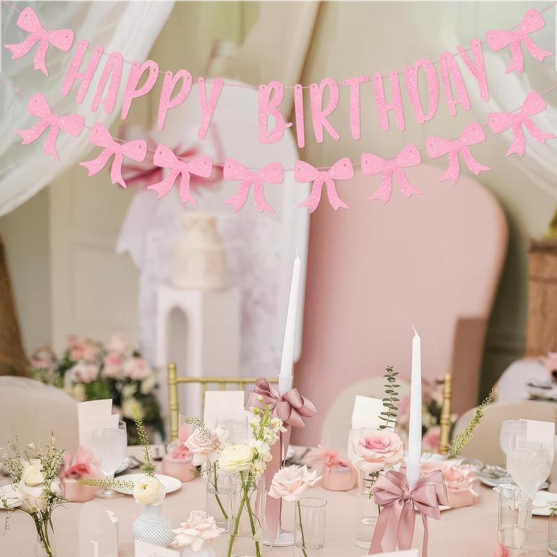 Pink Bow Happy Birthday Banner, Coquette Birthday Decorations  Bow Garland Bachelorette Party Decor  Bridal Shower Supplies for Girls Women 1st 10th 16th 20th 21st 25th 30th [Pre-Strung]