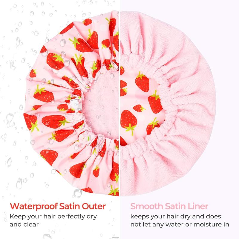 Shower Cap for Women Terry Lined Bath Cap Large Reusable Waterproof Elastic Band Pink Shower Caps for Long Thick Hair Soft Bath Shower Hair Caps