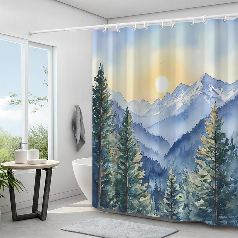 Landscape Pattern Shower Curtain, 1 Count Waterproof Fabric Shower Curtain with 12pcs Hooks, Bathroom Decor for Home Hotel Salon