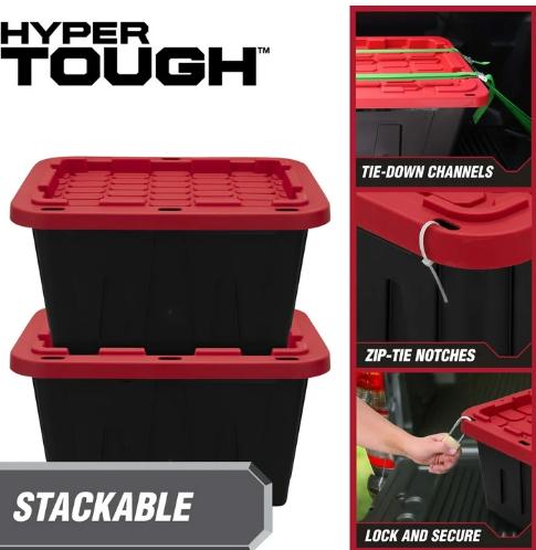 Hyper Tough 12 Gallon Snap Lid Stackable Plastic Storage Bin, Black Red