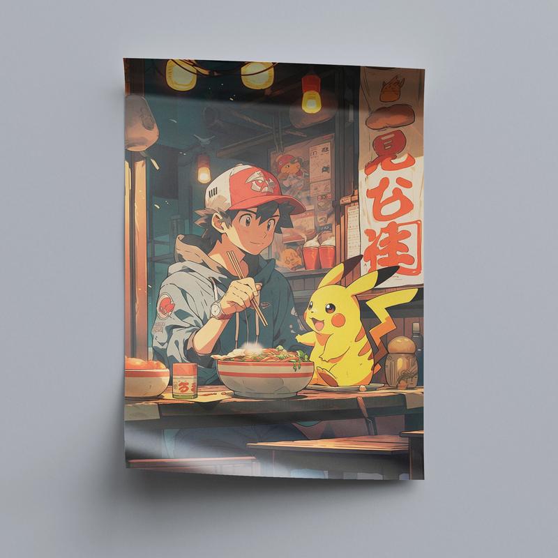 Ash and Pikachu, Ramen Series #1, Pokemon, Japanese Tapestry Style, Anime Poster, Printable Wall Art, Bedroom Wall Art, Japanese Home Décor Decor Gift Artwork Decoration