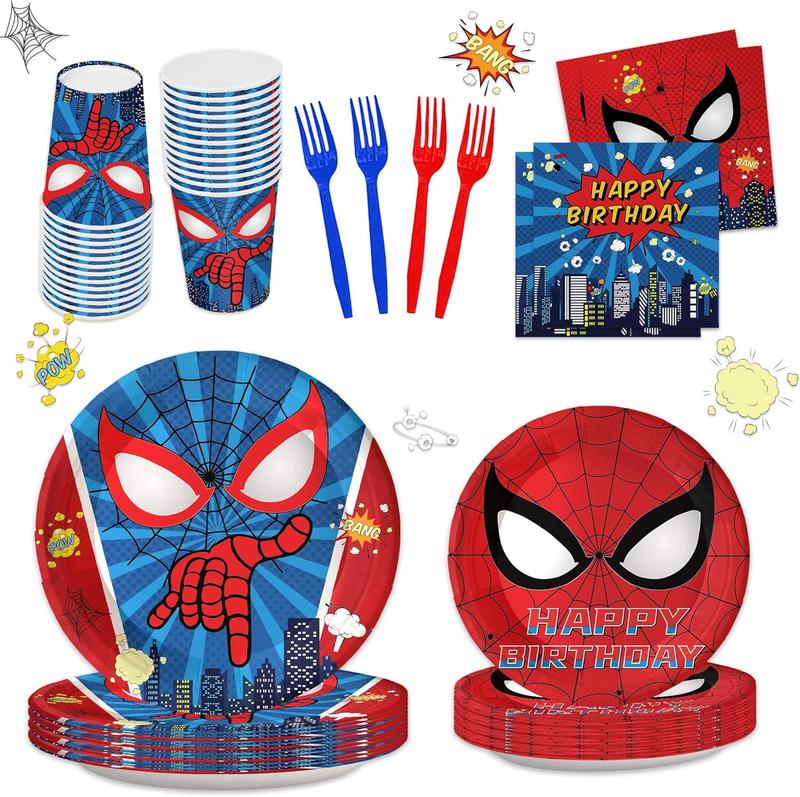 120 count Spider Birthday Party Supplies Spider Paper Plates and Napkins Set Red Blue Forks  Birthday Party Decorations Serve 24 Guests