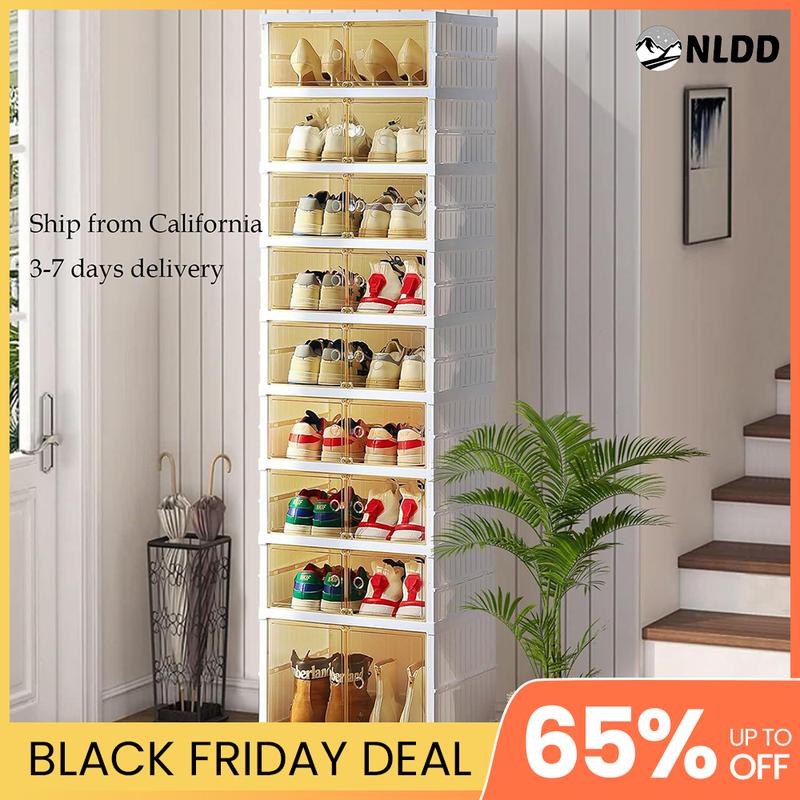 NLDD's 9-Level Clear Shoe Rack Revolution: Collapsible-Expandable Organizer for 18 Pairs, Compact Closet Essential with Transparent Boxes, Wheels