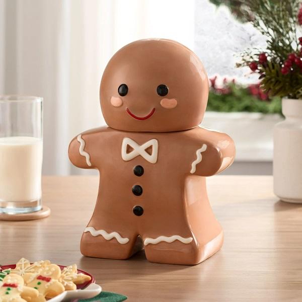 57-Oz Gingerbread Man Glazed Earthenware Ceramic Treat Jar with Lid, Multicolor - Perfect for Storing Cookies and Sweets