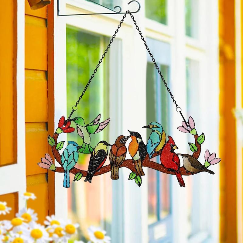 Birds On Branch Stained Glass Suncatcher Cardinal Hummingbird Kingfisher Double Side Glass Panel Window Hanging Decor Bird Ornament Bird Lover Gift for Mom Grandma