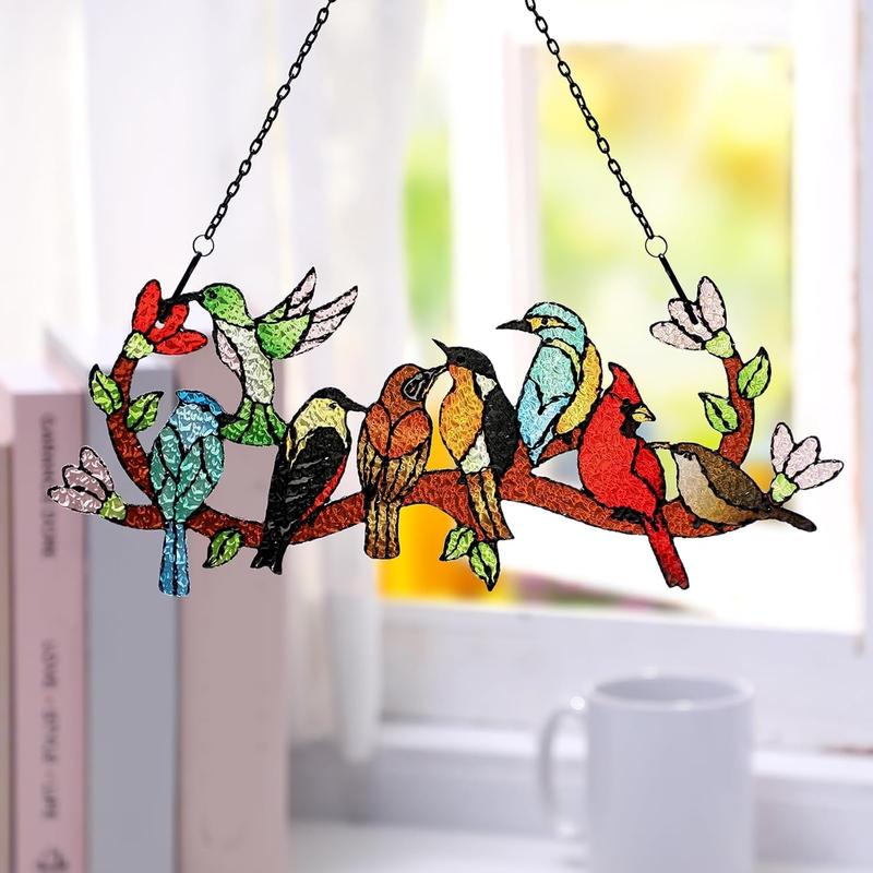 Birds On Branch Stained Glass Suncatcher Cardinal Hummingbird Kingfisher Double Side Glass Panel Window Hanging Decor Bird Ornament Bird Lover Gift for Mom Grandma