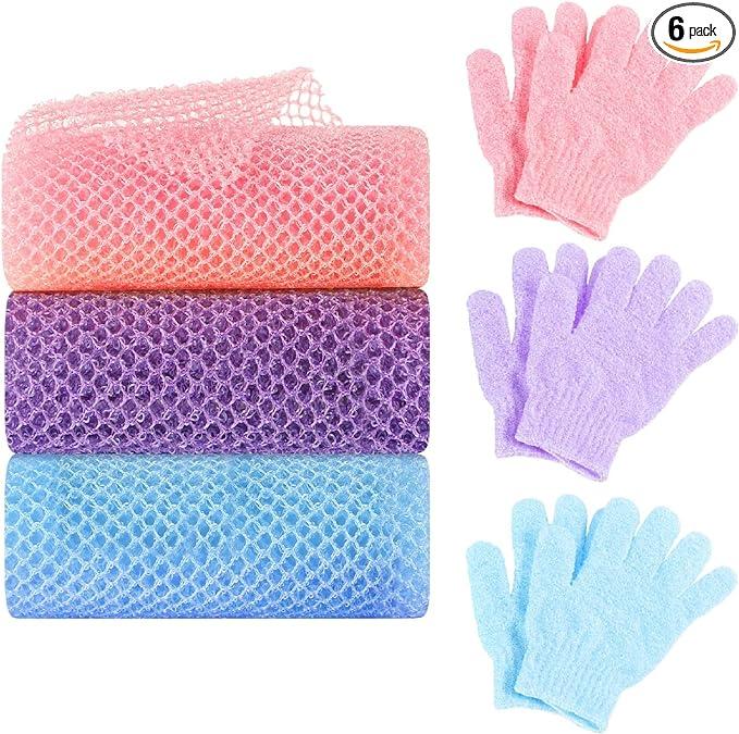 6 Pack African Net Sponge Exfoliating Glove Set, 3 Bath Sponge Body Scrubber Back Scrubber and 3 Pairs Exfoliating Gloves as Stocking Stuffers for Adults