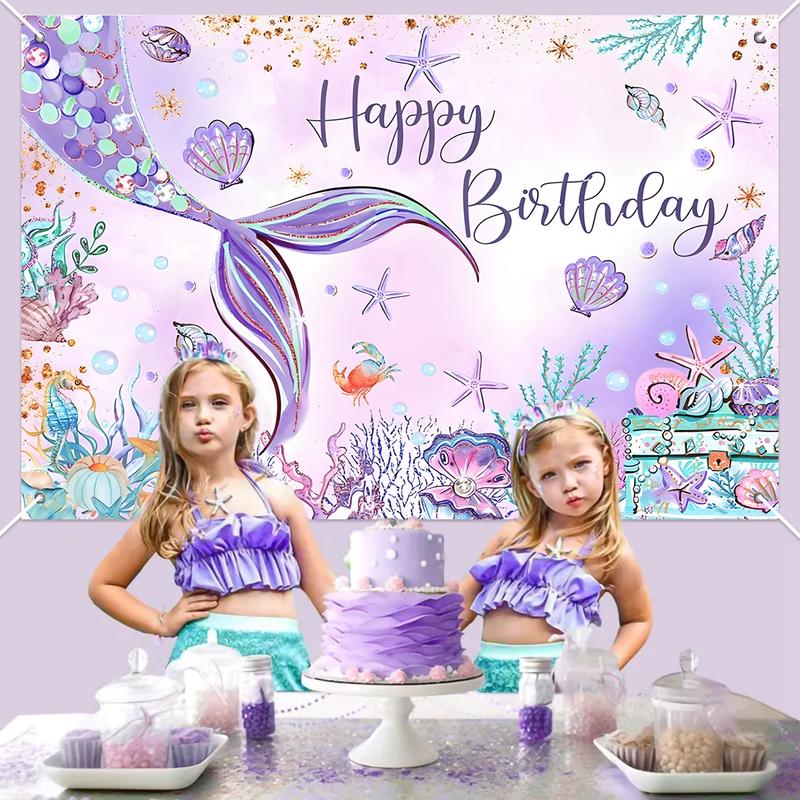 Mermaid Balloon Tablecloth Backdrop Set,109pcs Purple Shell Foil Balloon Mermaid Tail Birthday Decor ,Girls Mermaid Birthday Latex Balloon Decoration