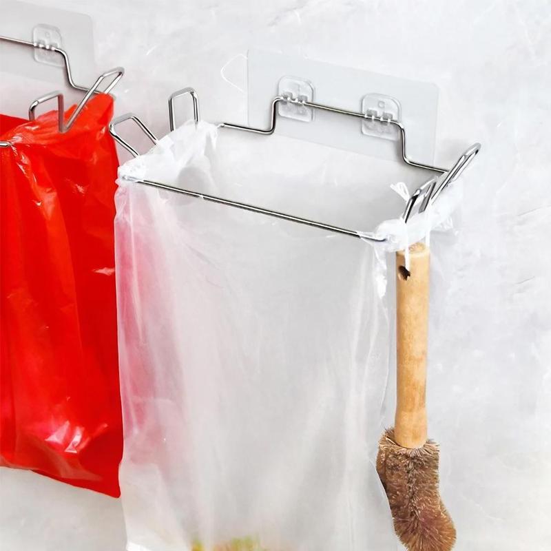 Stainless Steel Garbage Bag Holder, 1 Count Kitchen Cabinet Door Hanging Trash Bag Rack, Home Organizer for Kitchen Bathroom