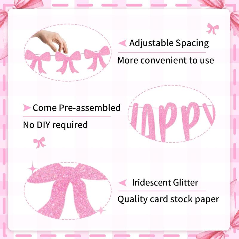 Pink Bow Happy Birthday Banner, Coquette Birthday Decorations  Bow Garland Bachelorette Party Decor  Bridal Shower Supplies for Girls Women 1st 10th 16th 20th 21st 25th 30th [Pre-Strung]