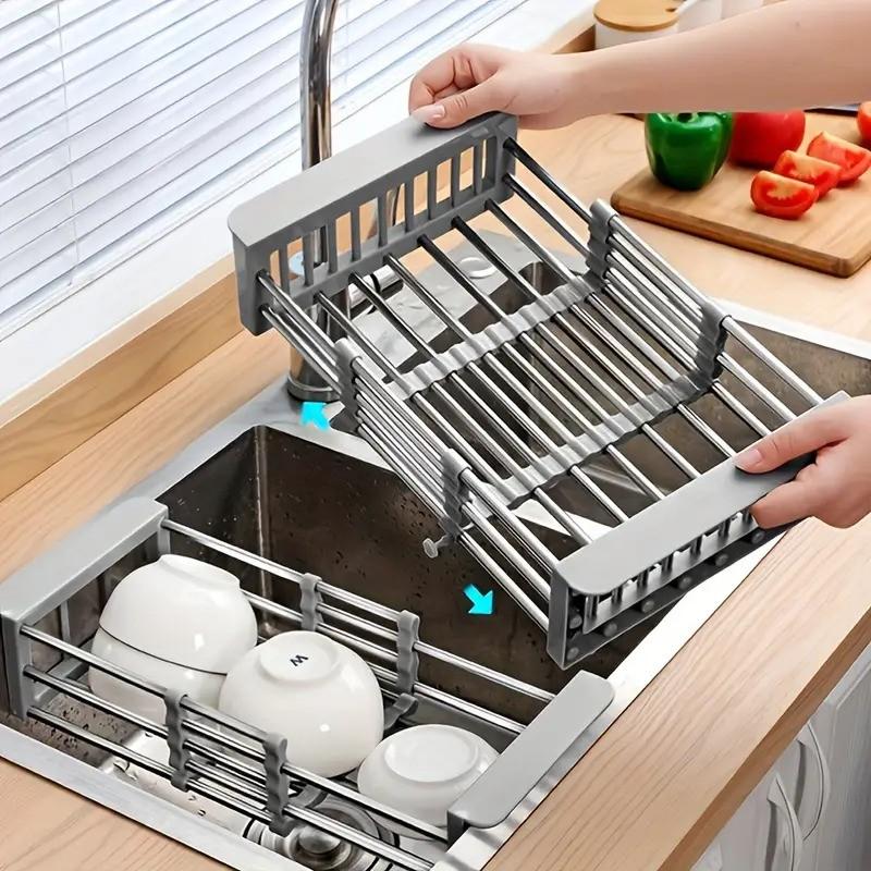 Adjustable Dish Drying Rack with Stainless Steel Drain Basket Over-The-Sink - Portable & Telescopic Space-Saving Solution for fruit vegetable Kitchen Organiser Nature