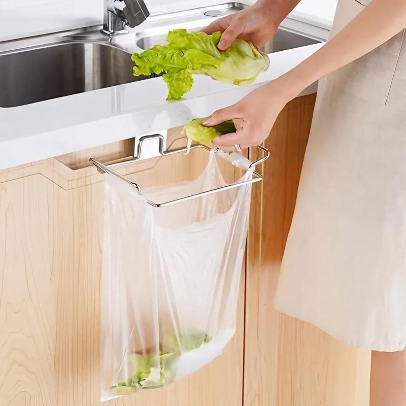 Stainless Steel Garbage Bag Holder, 1 Count Kitchen Cabinet Door Hanging Trash Bag Rack, Home Organizer for Kitchen Bathroom