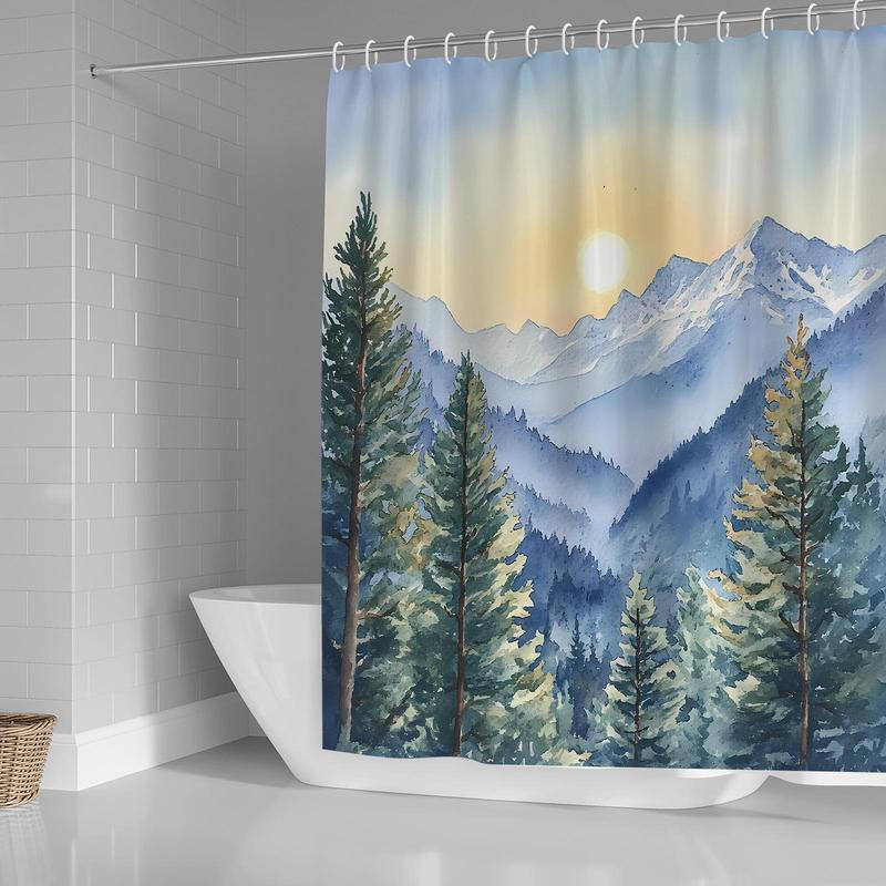 Landscape Pattern Shower Curtain, 1 Count Waterproof Fabric Shower Curtain with 12pcs Hooks, Bathroom Decor for Home Hotel Salon