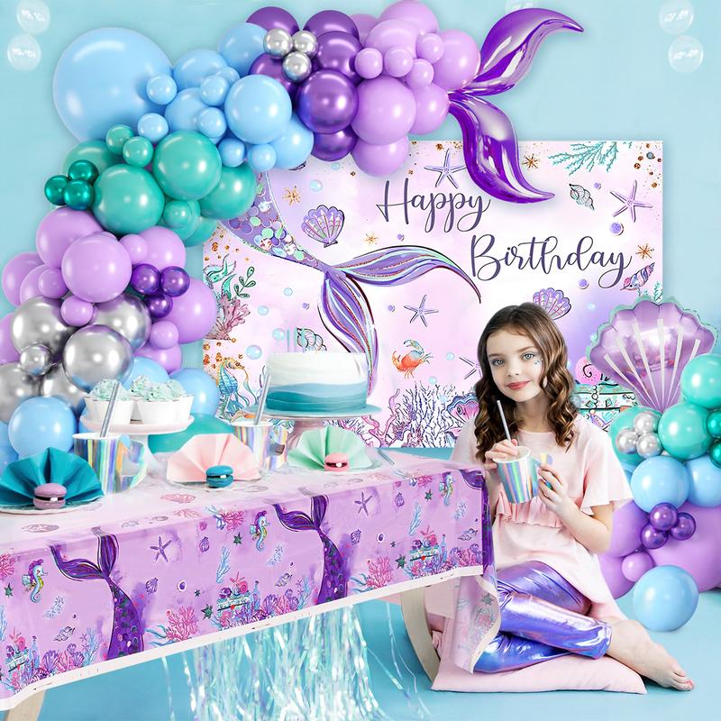 Mermaid Balloon Tablecloth Backdrop Set,109pcs Purple Shell Foil Balloon Mermaid Tail Birthday Decor ,Girls Mermaid Birthday Latex Balloon Decoration