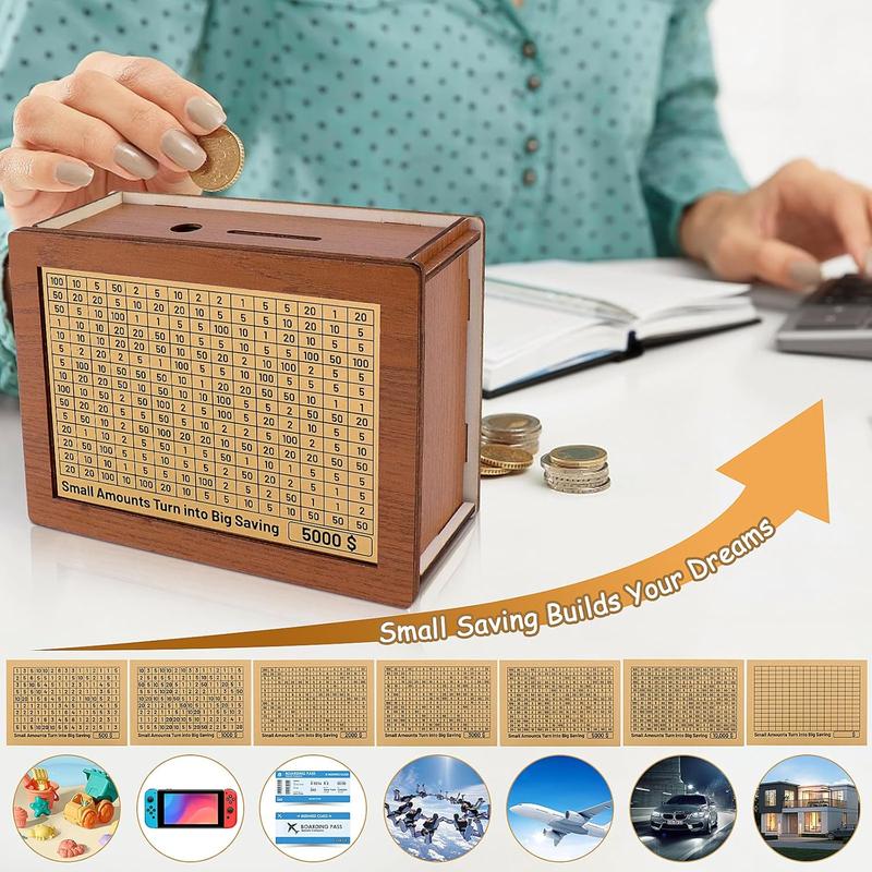 Money Box with Counter, Reusable Wooden Money Box Retro Money Bank with Money Saving Target, Wooden Money Bank To Create Emergency Fund Organiser wooden piggy