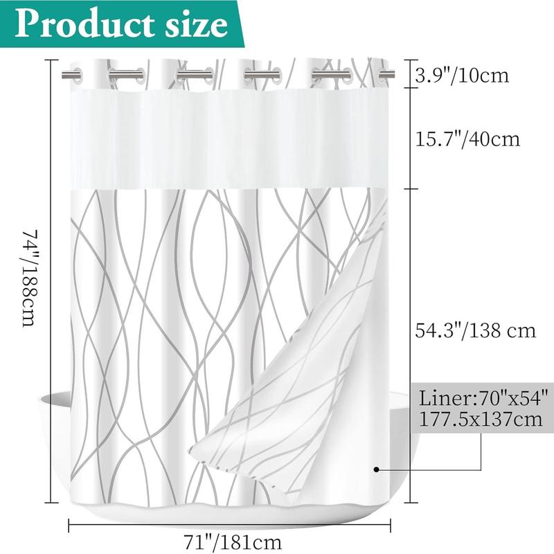 No Hook Grey White Striped Shower Curtain with Snap in Fabric Liner Set - Hotel Liner Set with See Through Mesh Top Window,Machine Washable Light Waterproof