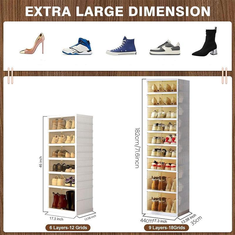 NLDD's 9-Level Clear Shoe Rack Revolution: Collapsible-Expandable Organizer for 18 Pairs, Compact Closet Essential with Transparent Boxes, Wheels