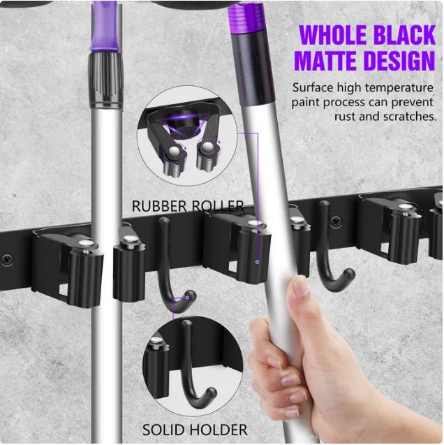 Matte Steel Broom Mop Holder Wall Mount with 5 Slots and 4 Hooks for Garage and Home Organization