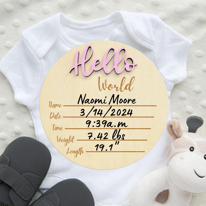 Kemina Blankets Wooden Baby Announcement Sign - Pink, 6-Inch “Hello World” Newborn Name Sign for Hospital Birth Announcements Decor Gift