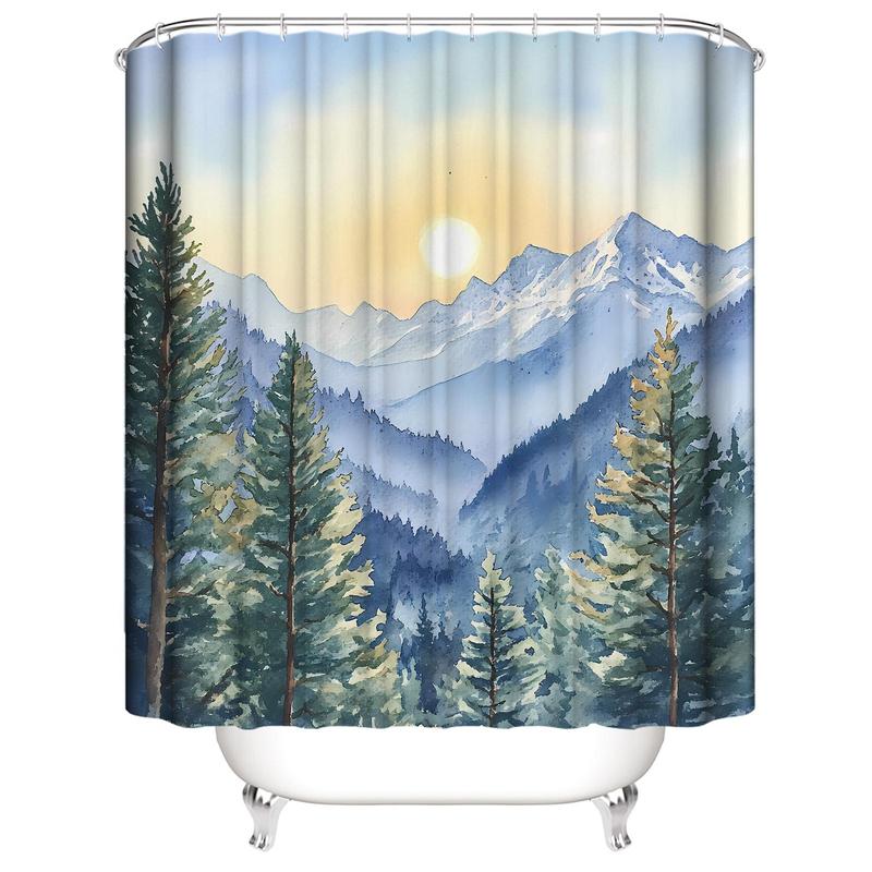 Landscape Pattern Shower Curtain, 1 Count Waterproof Fabric Shower Curtain with 12pcs Hooks, Bathroom Decor for Home Hotel Salon