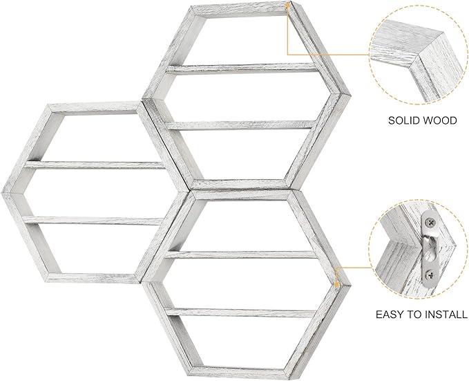 Wooden Hexagon Hanging Floating Organiser Shelves Set, Essential Oil Storage and Display Rack, 3 Pack for Living Room, Salon, Bedroom, Grey White