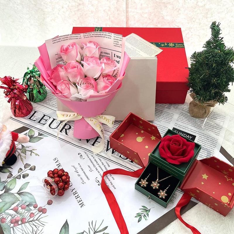 Artificial Rose Bouquet & Jewelry Gift Box, 1 Set Christmas Jewelry Box Including Necklace & Earrings & Rose Bouquet, Gift for Christmas Valentine's Day