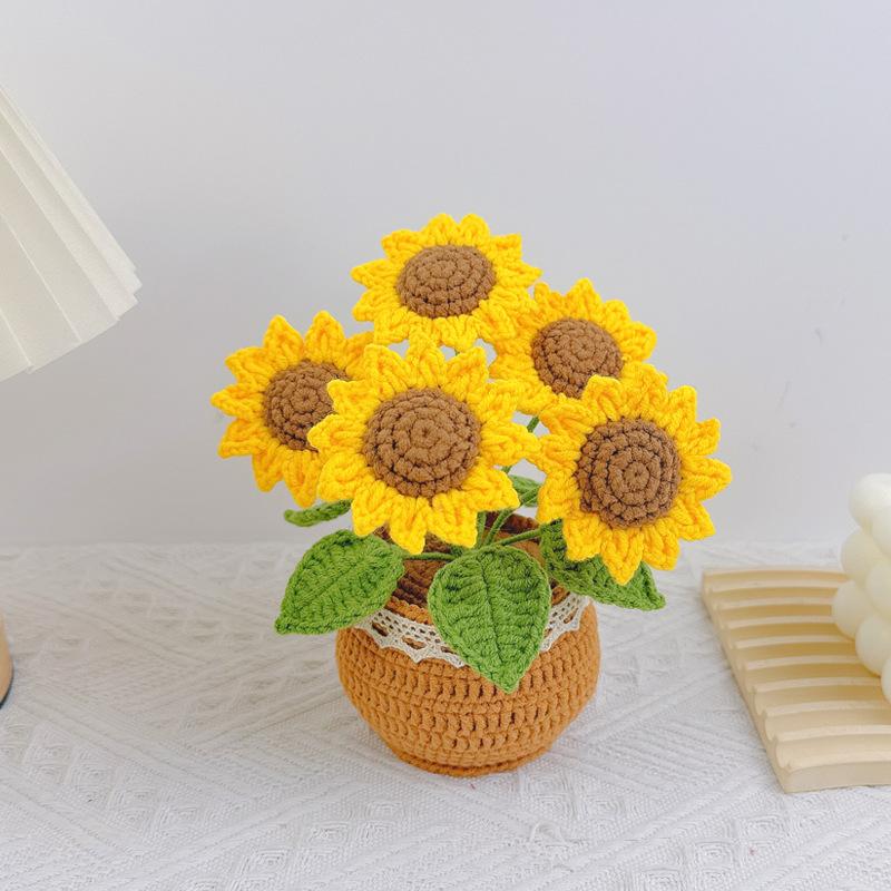 Handcrafted Crochet Sunflower Bouquet - Artificial Potted Flowers, Home & Office Decor, Suitable for All Ages