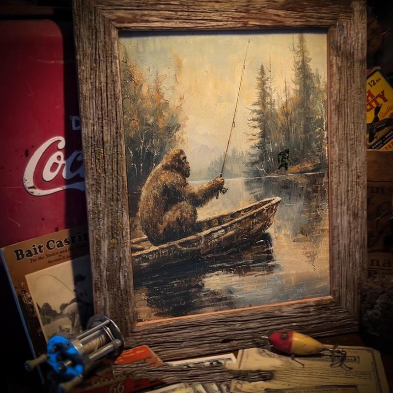 Rustic Sasquatch Fly Fishing Art Print | Unframed Bigfoot Poster for Cabin & Hunting Decor | Unique Bigfoot Gift Idea Artistic Decoration