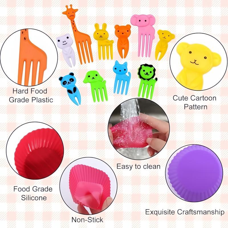 Random Color Bento Box Accessories, 50pcs set Including 30pcs Food Storage Container Divider & 20pcs Animal Design Fork, Food Container Divider for Home Kitchen Picnic