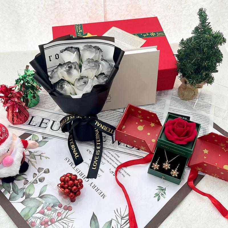 Artificial Rose Bouquet & Jewelry Gift Box, 1 Set Christmas Jewelry Box Including Necklace & Earrings & Rose Bouquet, Gift for Christmas Valentine's Day