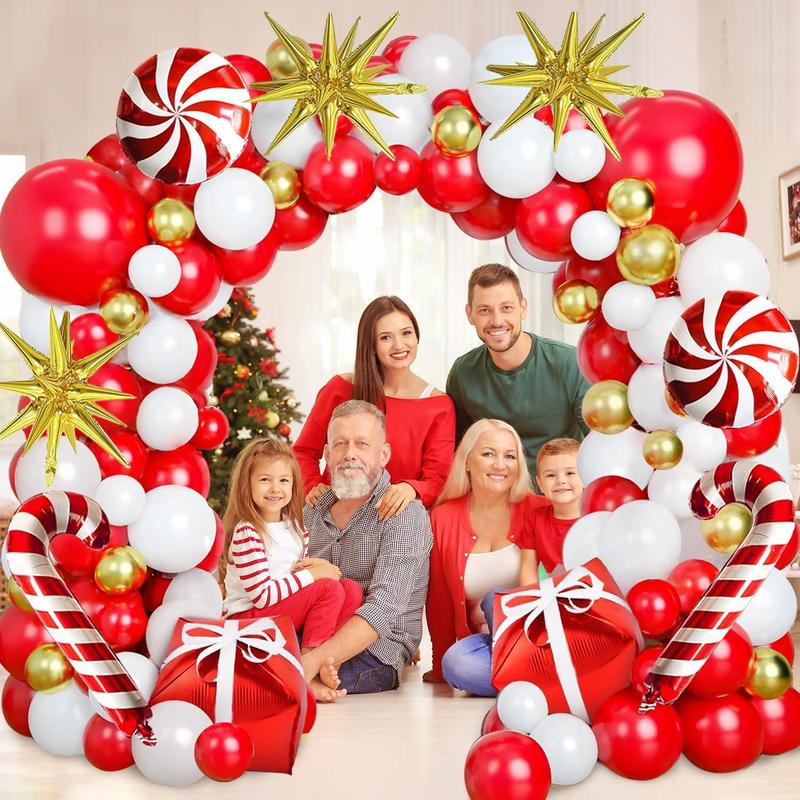 Christmas Balloons Garland Arch Kit, Red White Gold Latex Balloon with Candy Cane Gift Box Explosion Star Foil Balloons for Christmas New Year Candies Xmas Theme Party Decorations...