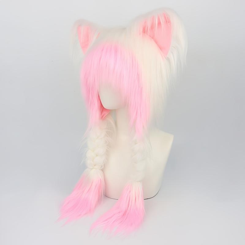 Y2K-Inspired Cute Cat Ears Plush Hat with Braid - Cozy & Warm Winter Accessory, Perfect for Halloween & Christmas Cosplay