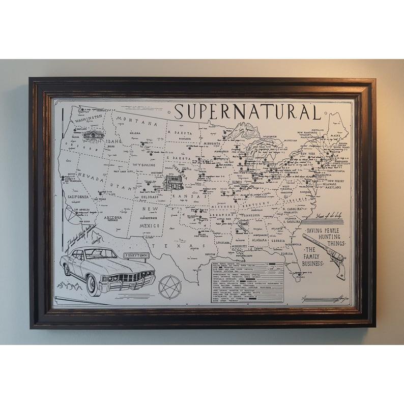 Hand Drawn SUPERNATURAL Map, Supernatural Poster, Supernatural,  Minimalist Decor, Mid Century, Wall Art, Home Decor 48GGO