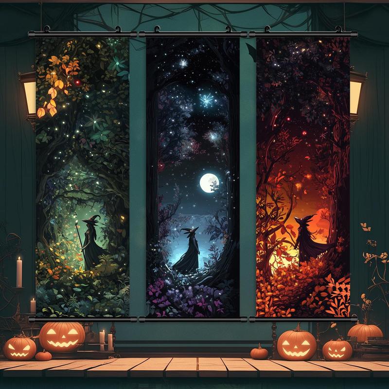 Forest Moon Witch Pattern Hanging Banner, 3 Counts set  Halloween Wall Art Poster, Wall Decor for Home Living Room Bedroom Yard