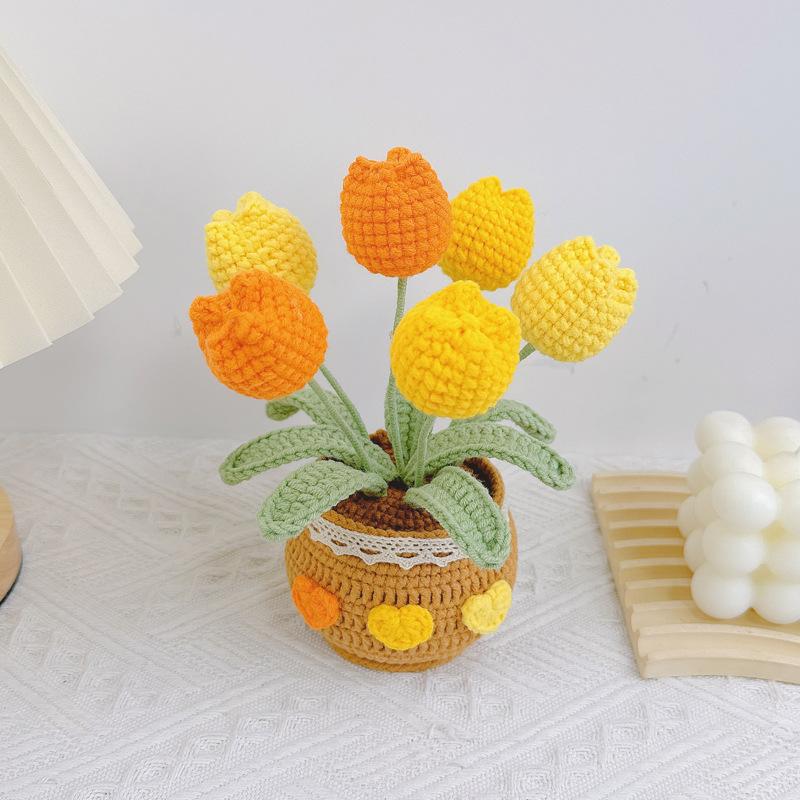 Handcrafted Crochet Sunflower Bouquet - Artificial Potted Flowers, Home & Office Decor, Suitable for All Ages