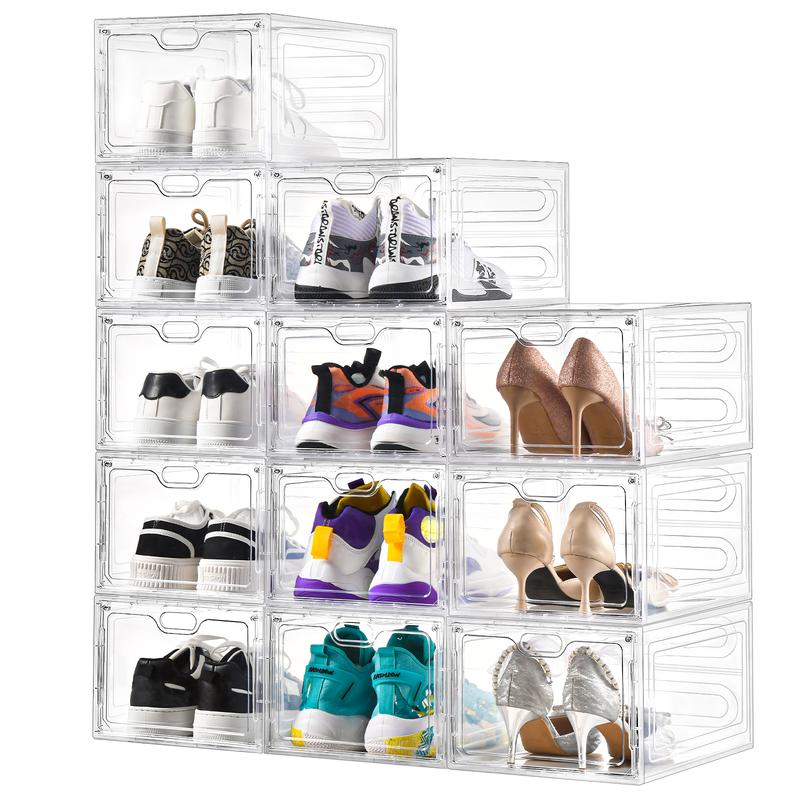 6 12 Pack Shoe Storage Boxes, Stackable Clear Boxes With Doors, Organizer Containers For Sneakers - Fit US Men's Women's Size 12 (13.4