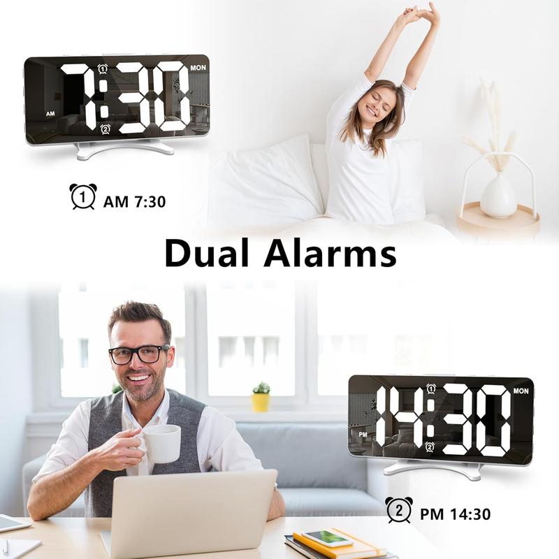 Alarm Clocks for Bedrooms, Slim LED Mirror Digital Alarm Clock, Large Display with Dim Mode, Dual USB Port, 4 Level Brightness&2 Level Volume, Desk Clock for Office Home Bedroom Dorm Living Room Decor